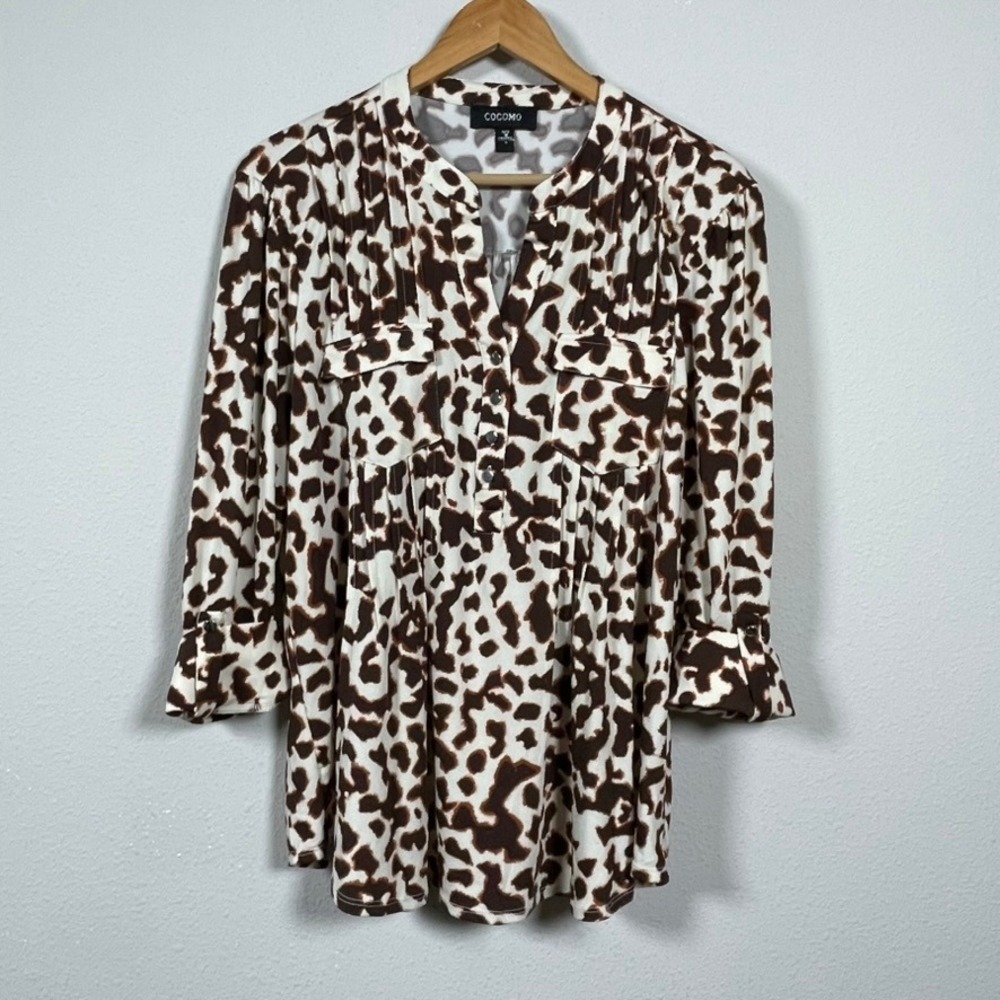 Cocomo Blouse Womens M Brown Animal Print Mob Wife Office Pintuck 3/4 Sleeve Top